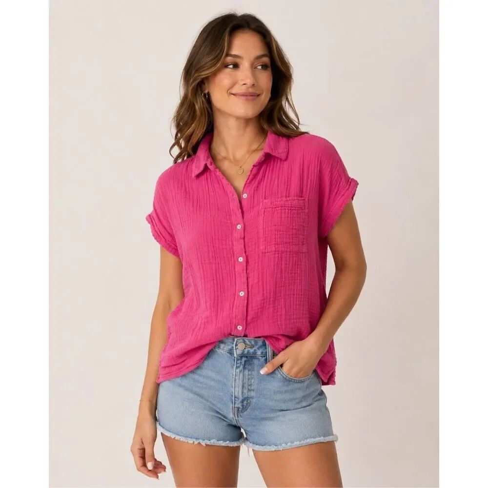 Lola River Pink Cotton Gauze Button Front Shirt Women’s Small